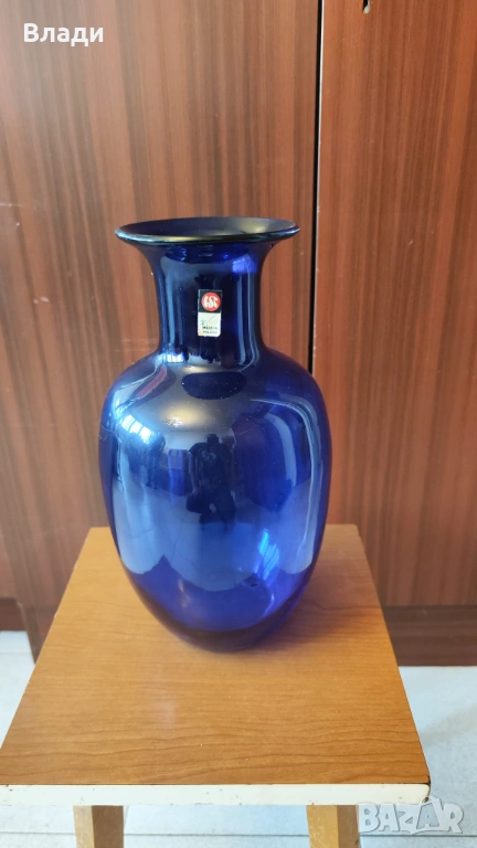 Нова, синя, декоративна, стъклена ваза, снимка 1