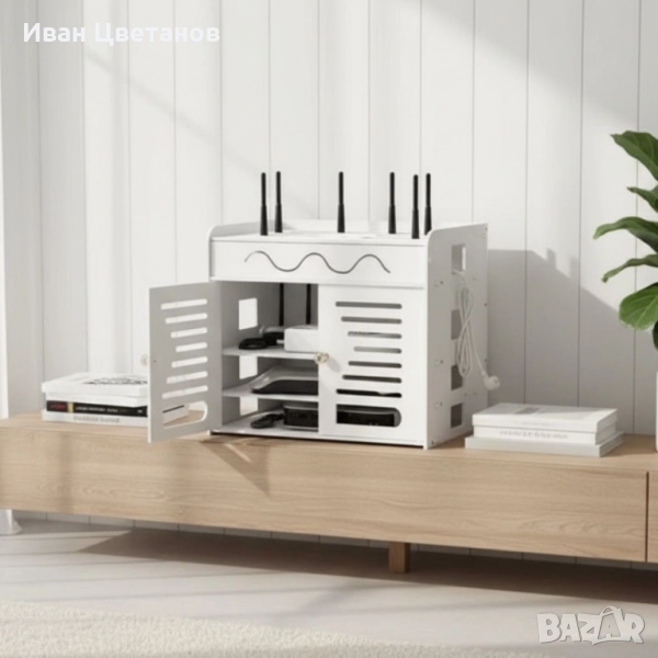 Органайзер шкаф за Wi-Fi рутер и кабели – 3 нива, бял дизайн, снимка 1