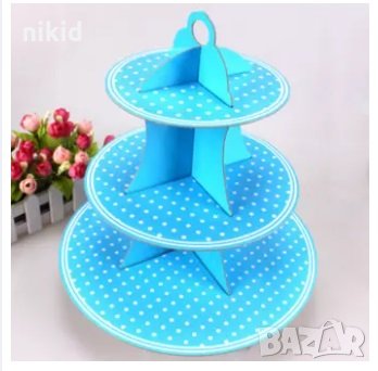 3 етажна Триетажна поставка стойка за мъфини картонена синя на бели точки кексчета, снимка 1