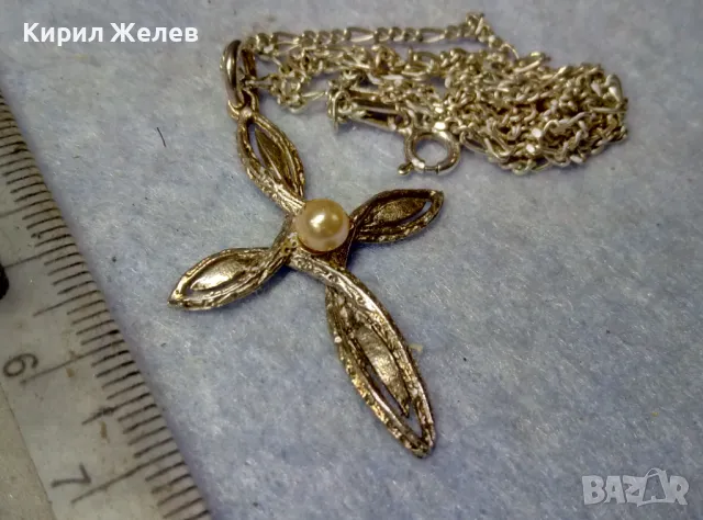 АЖУРЕН СРЕБЪРЕН КРЪСТ със СРЕБЪРНА ВЕРИЖКА КАРТИЕ ПЛЕТКА СРЕБРО 925 с БЯЛА ПОЗЛАТА и ПЕРЛА 31187, снимка 3 - Колиета, медальони, синджири - 49378779