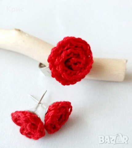 Комплект пръстен и обеци с плетени розички , снимка 4 - Подаръци за жени - 31170635