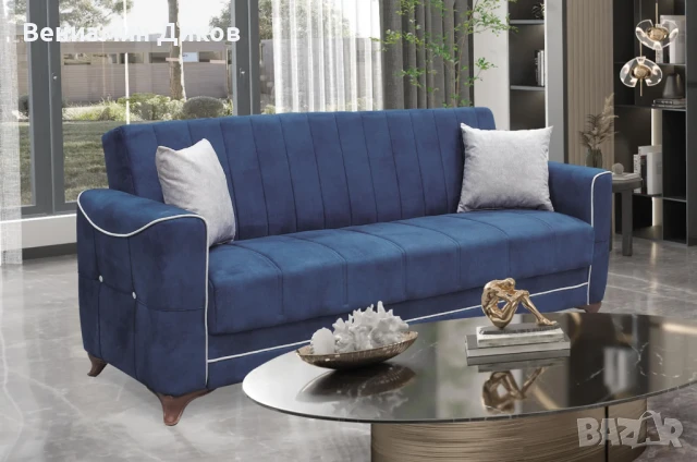 Разтегателен диван ACELYA с ракла и функция сън, тъмносин