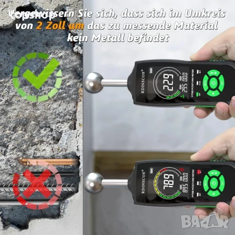 НОВ влагомер за стена RDINSCOS, зидария, дърво, замазка, бетон, мазилка с топка, снимка 4 - Измервателни инструменти - 50556225