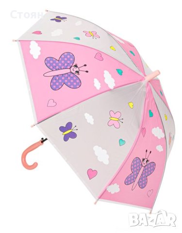 Детски чадър бастун розови пеперуди сърца 65 см, снимка 3 - Чадъри - 42875892