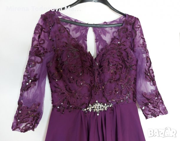 Коктейлна рокля от шифон с дължина до коляното с V-образно деколте и мъниста EU36 S,XS-280лв., снимка 4 - Рокли - 36691064