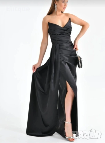 дълга сатенена рокля с цепка , снимка 2 - Рокли - 53194691