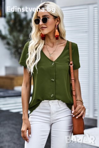 Дамска блуза в зелено с къс ръкав и копчета, снимка 5 - Тениски - 40517994