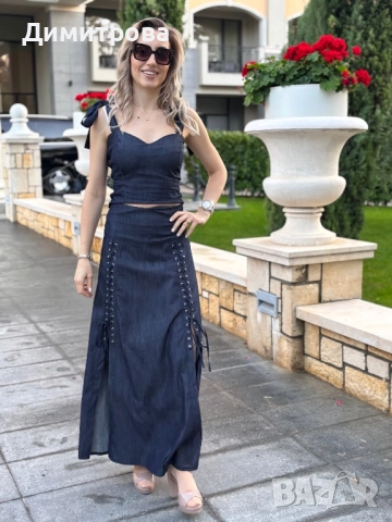 Дънков костюм с дълга пола и бюстие XS-XL, снимка 5 - Костюми - 52443319