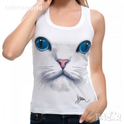 Нов дамски бял потник с 3D принт Котка със сини очи, Х-гръб, прав гръб