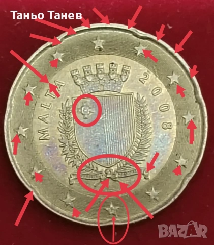 20Евро цента Малта 2008г.Със символ (F). И дефекти. , снимка 5 - Нумизматика и бонистика - 54034239