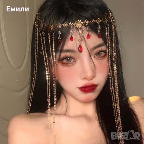 Дълго бижу, аксесоар за коса и лице - верижка и цветя в златист цвят с камъчета в червен и бял цвят, снимка 1