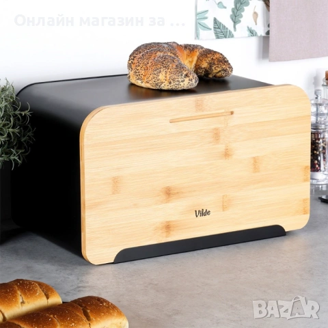 Кутия за хляб, изработена от метал, бамбукова дъска, модерен дизайн, 35x22x20,5см, черна 259613
