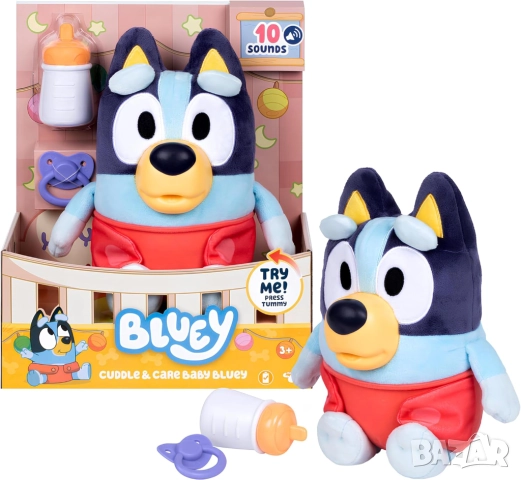 Намаление! Оригинална Bluey/ Блуи Бебе играчка със звуци и аксесоари 28 см, снимка 1