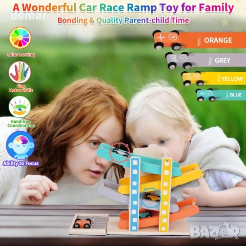 FCSONU Детски Монтесори дървени играчки, кула, 4 мини колички, 4 писти и гараж, снимка 3 - Коли, камиони, мотори, писти - 54065147