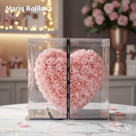 Декоративно сърце от изкуствени рози в подаръчна кутия, снимка 3 - Декорация за дома - 53047941