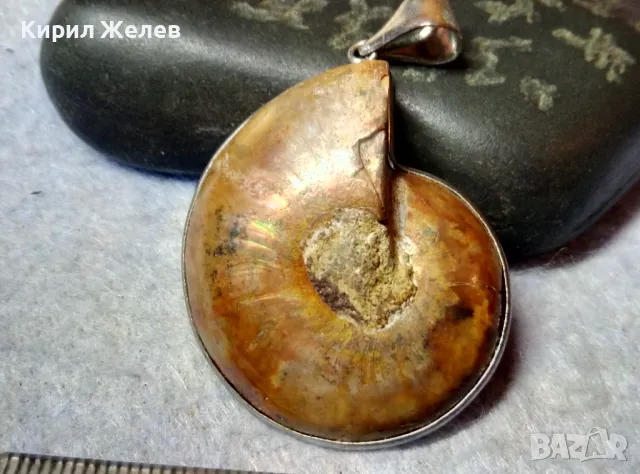 НАТУРАЛЕН ОПАЛИЗИРАН АМОНИТ в ПОСРЕБРЕН ОБКОВ Стар МЕДАЛЬОН РЪЧНА ЮВЕЛИРНА АРТ РАБОТА ПОЛИРАН 48807, снимка 14 - Антикварни и старинни предмети - 48818544