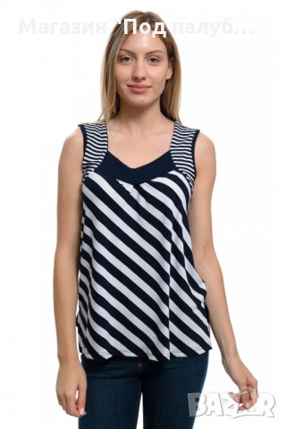 Нова дамска елегантна моряшка блуза без ръкави на широко райе, снимка 2 - Потници - 30312910