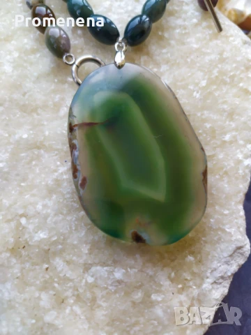Колие от Индийски Ахат с плоча от зелен Ахат, снимка 4 - Колиета, медальони, синджири - 51326676