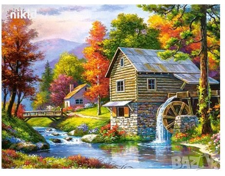 Къщи сред река и воденица  5D гоблен диамантен гоблен картина мозайка за направа по схема с камъче
