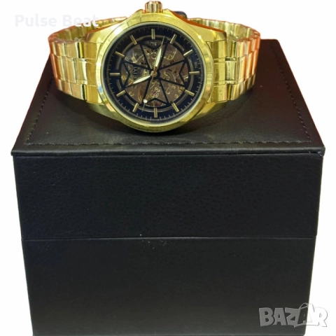 Луксозен автоматичен мъжки часовник LEIYI със златист корпус и син скелетон циферблат, снимка 2 - Мъжки - 52045397