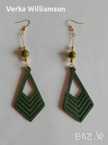  Зелени обици от дърво модел 8, снимка 3 - Обеци - 48331308