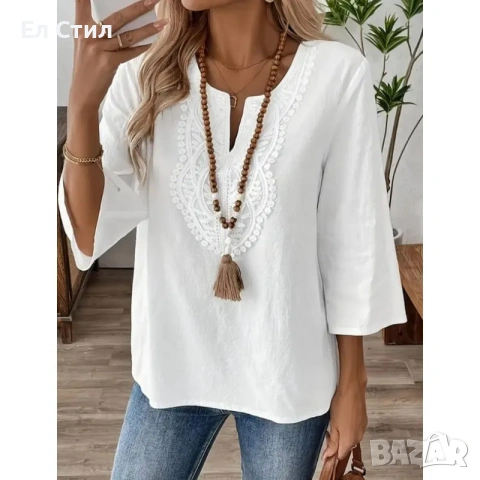 Бяла памучна блуза с дантела и седем осми ръкави, снимка 2 - Тениски - 53915510