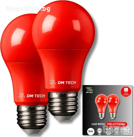Комплект 2 бр. LED крушки за сън с червена светлина DM TECH E27 (Против синя светлина / Мелатонин)