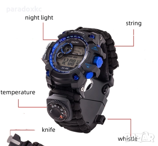 Тактически 7-в-1 Survival Часовник – Водоустойчив до 50 м с Паракорд Гривна, Компас и Кремък, снимка 4 - Мъжки - 52369150