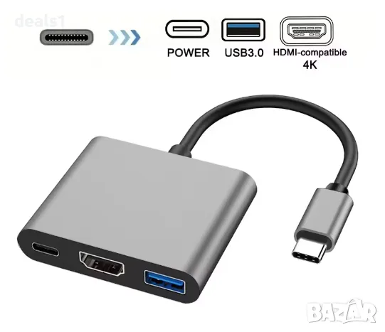 Зареждаща Станция 4K USB-C 3.0 3в1 Type-C към HDMI, USB 3.0 Адаптер и Сплитер 