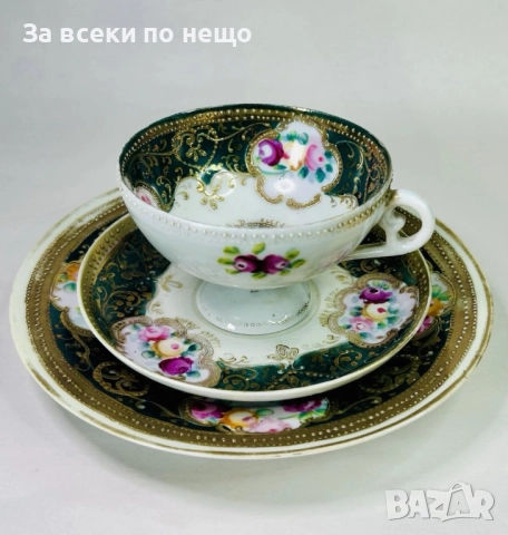 Japanese  Circa 1908-1921 Gilded Moriage Hand Painted Tea Cup & Saucer Trio Код P1610, снимка 2 - Сервизи - 52589054