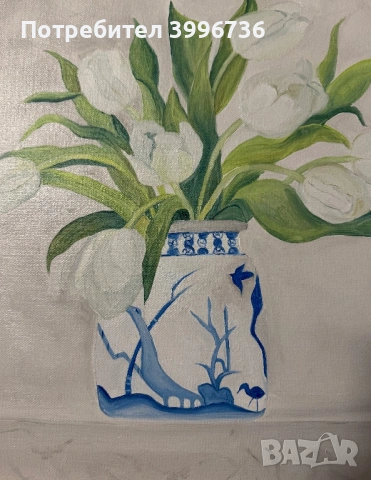 Маслена картина - Бели лалета 40х40см, снимка 3 - Картини - 54113975