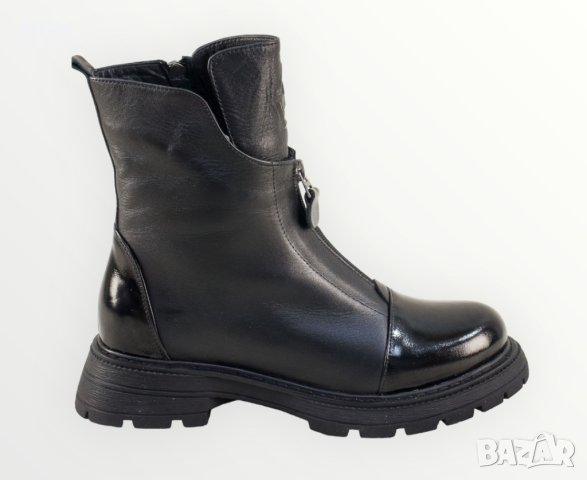 Модерни дамски боти с два ципа в черен цвят с лачени детайли, снимка 2 - Дамски боти - 42259396