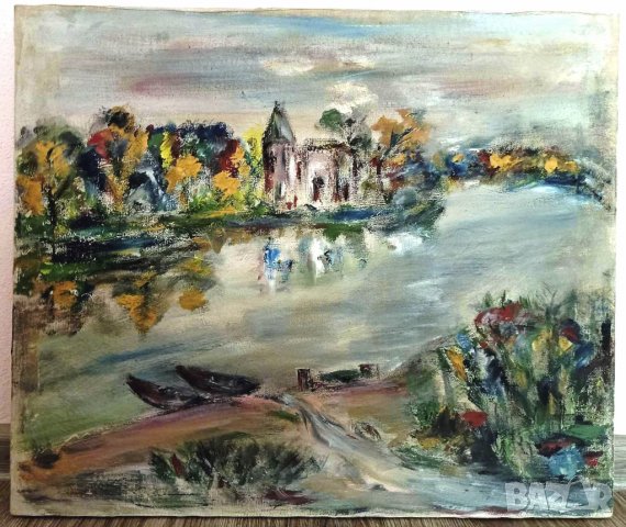 ПРОДАВАМ СТАРА МАСЛЕНА КАРТИНА - ЕСЕНЕН ПЕЙЗАЖ/РЕКА С ЛОДКИ 