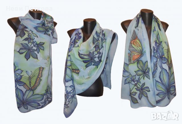 Рисуван копринен шал КЕСТЕНИ И ПЕПЕРУДИ, снимка 4 - Шалове - 37852363