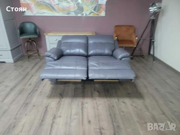 Сиво-лилав кожен диван двойка с ръчен релаксиращ механизъм, снимка 6 - Дивани и мека мебел - 44701782