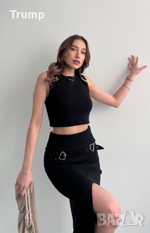 Елегантен комплект,  фино плетиво, дълга пола с блуза, катарами