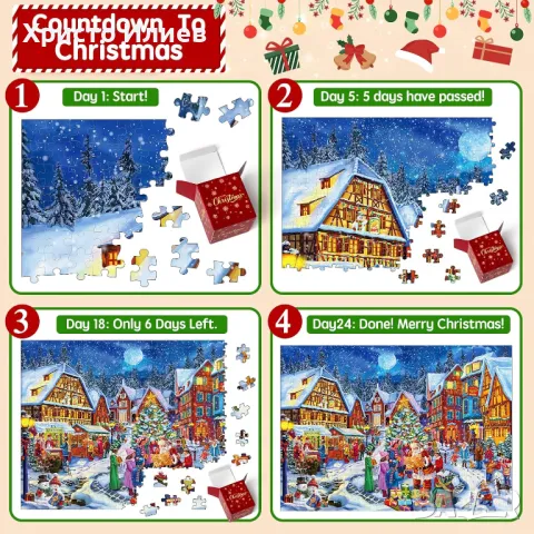 Пъзел с дядо Коледа и къщи Коледен календар 1008 части, снимка 4 - Игри и пъзели - 48701787