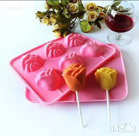 6 3d Роза рози силиконов молд за направа клечки с шоколад pops cakes Lollipop Pop Cake Попскейк, снимка 4 - Форми - 48327192
