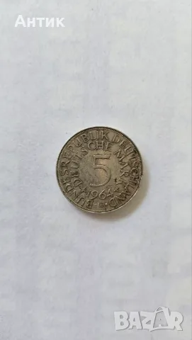 BRD 5 Deutsche Mark 1964 G — сребърен орел, снимка 2 - Нумизматика и бонистика - 56518608