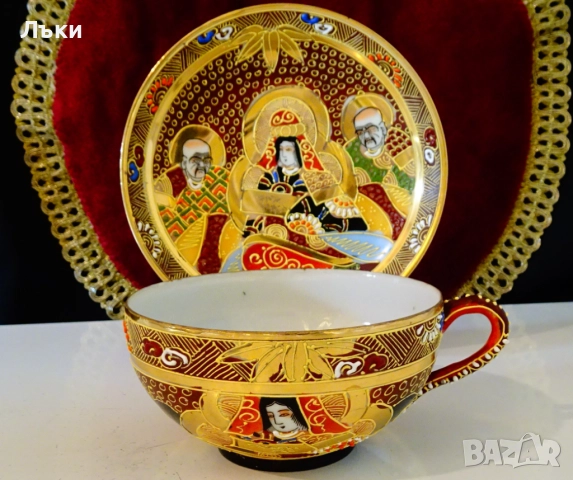 Чаша с чиния японски порцелан Satsuma,злато. , снимка 2 - Антикварни и старинни предмети - 51659926