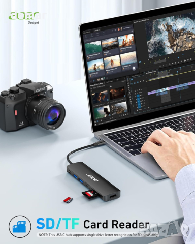 Acer USB C Hub, 7 в 1 USB C към 4K HDMI, 2 USB 3.1, Type-C, PD 100W, четец на SD карти, снимка 7 - Кабели и адаптери - 44518431