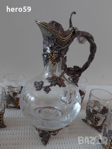 Руски сребърни чаши с кана-сребро 84 и кристал, снимка 4 - Антикварни и старинни предмети - 35623818