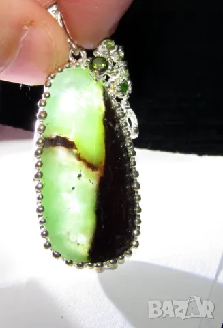 925 сребърно колие с хризопрас камък 47x19x7мм, общо тегло 7.7гр., снимка 1