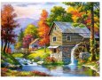 Къщи сред река и воденица  5D гоблен диамантен гоблен картина мозайка за направа по схема с камъче, снимка 1 - Гоблени - 29275011