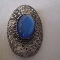 брошка Чешко стъкло с цвет синьо и филигранн 1920г , снимка 9 - Антикварни и старинни предмети - 38686508