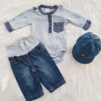 Дънки Tom Tailor и боди риза H&M и дънкова шапка за бебе 0-3 месеца, снимка 15 - Панталони и долнища за бебе - 39207843