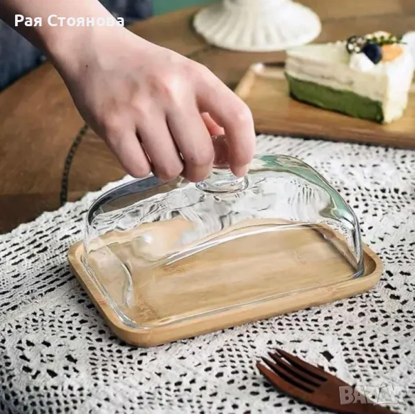 Стъклена кутия за масло с акациева и стъклен капак

, снимка 1