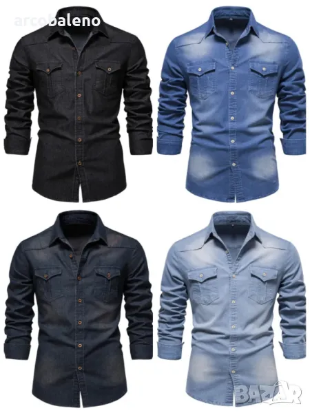 Мъжка ежедневна едноцветна дънкова риза с дълги ръкави, 4цвята, снимка 1