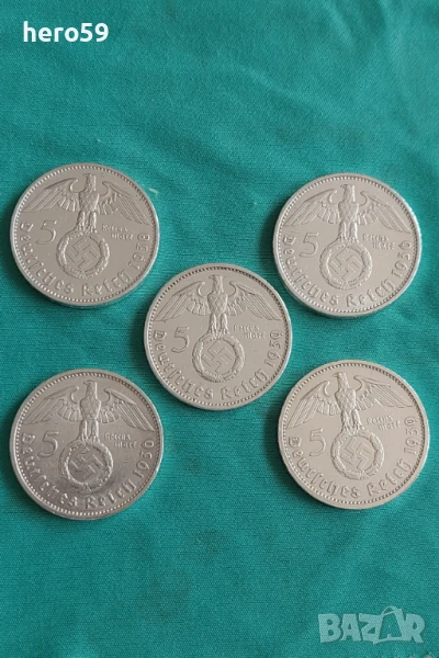 Монета-сребърни 5 марки 1936-39 г.със свастика/60лв брой., снимка 1