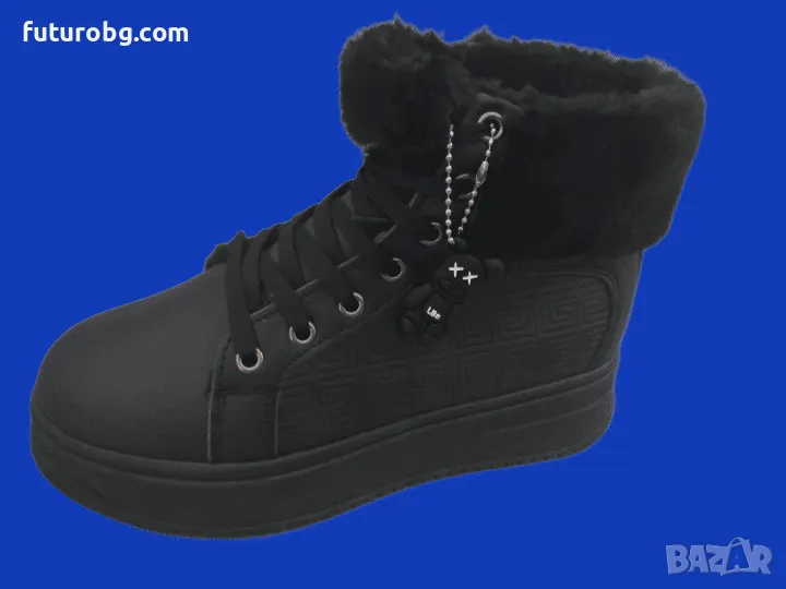 Дамски черни боти с връзки и аксесоар с подплата, снимка 1